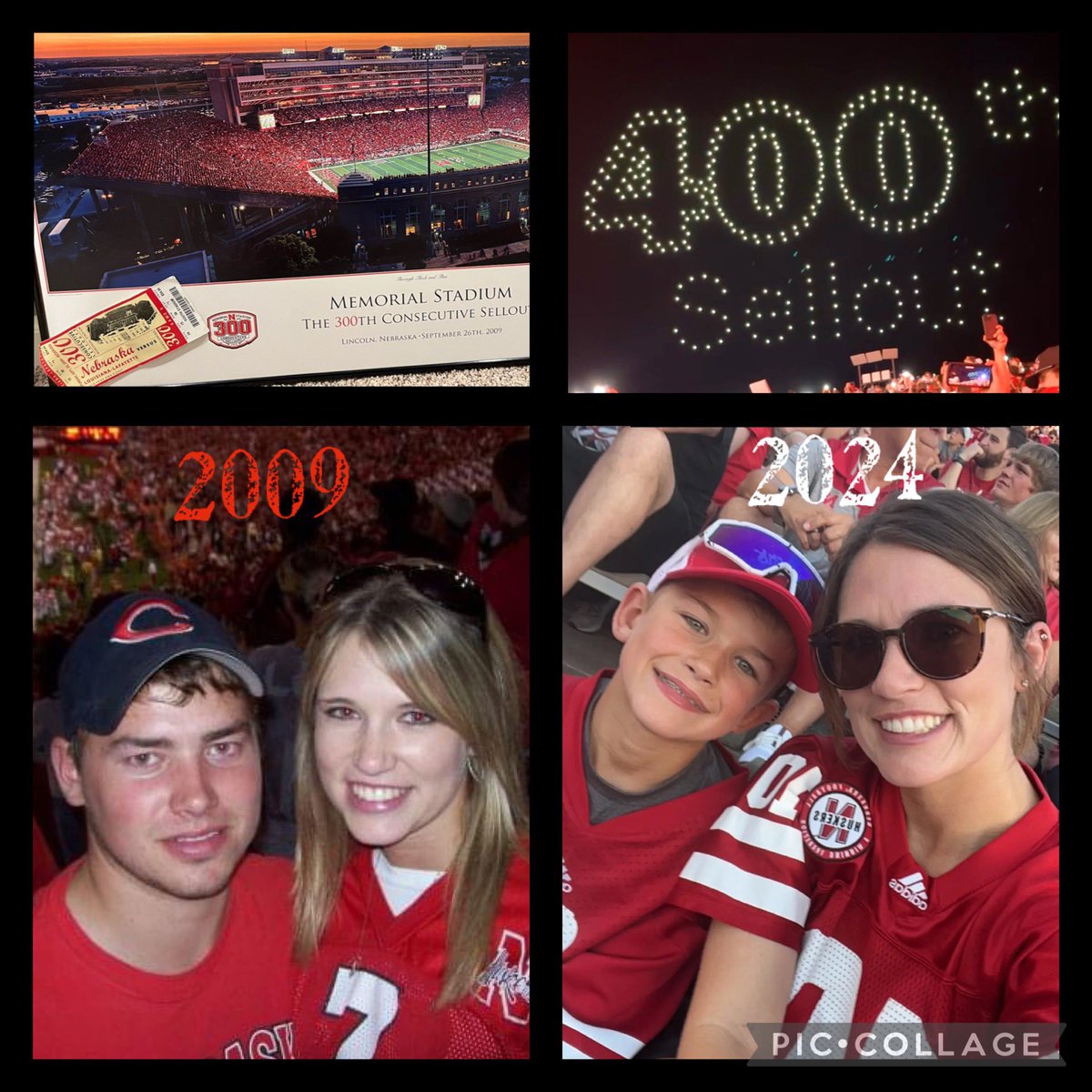 New decade, different fan with me, another Husker milestone… Didn’t plan on this happening but pretty cool to be a part of 2 big milestones even with a tough loss. 2009 vs 2024 #feelingold #alwaysahuskerfan