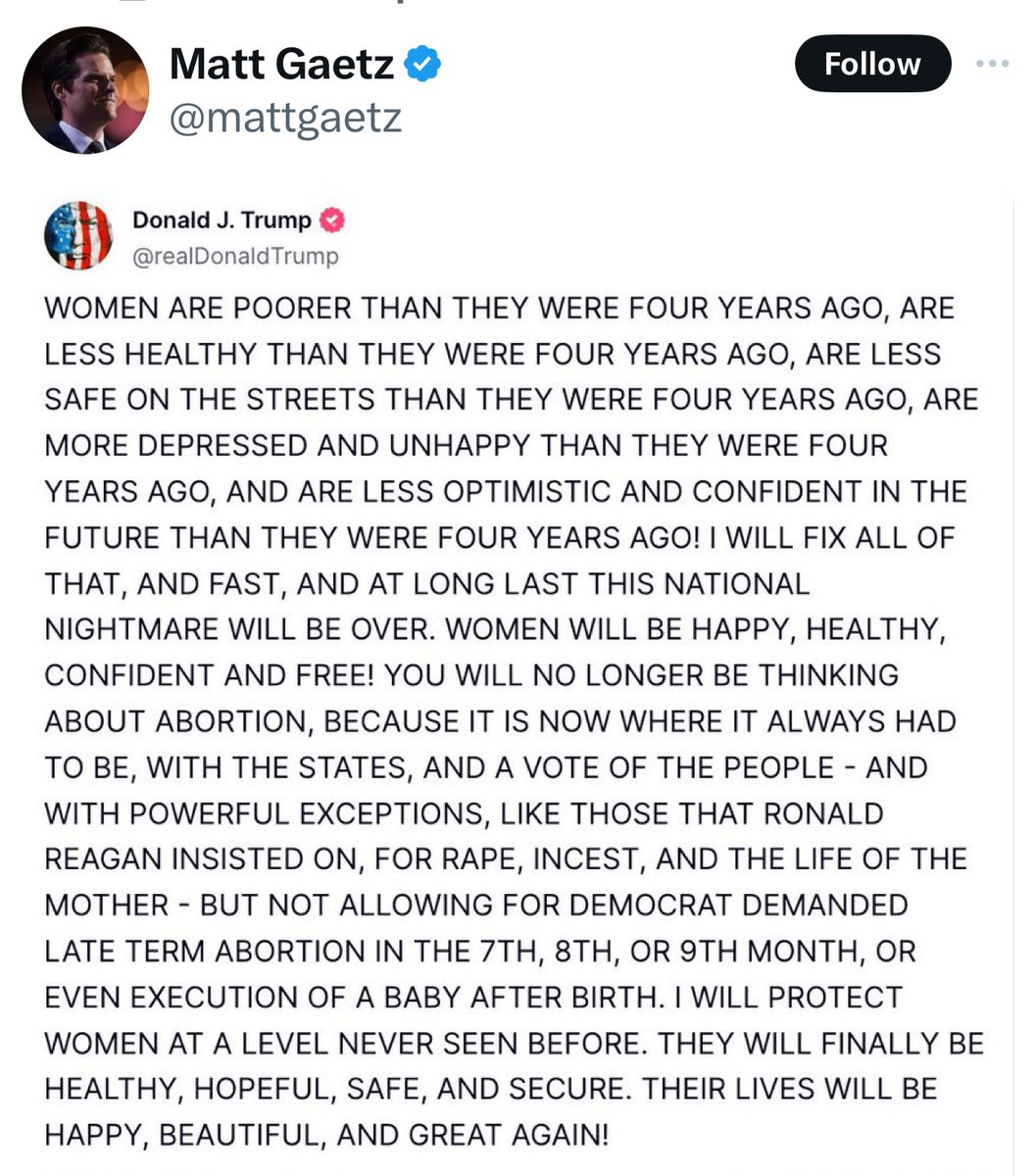 A guy who’s under investigation for having sex with underage girls, sharing the unhinged sexist rant of an adjudicated rapist who’s alleged to have forced underage girls to have sex with each other.
The Republican Party in a nutshell.