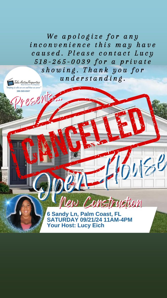 takeactionfl's tweet photo. 🚨UPDATE: #CANCELLED 🚨
Only 📍6 Sandy Ln, Palm Coast, FL #OpenHouse has been cancelled due to unforeseen circumstances. Please contact Lucia Eich Realtor 518-265-0039 for a private showing. The other two Open Houses today listed below are still happening today from 12pm-2pm. https://t.co/UNCBiA43nz