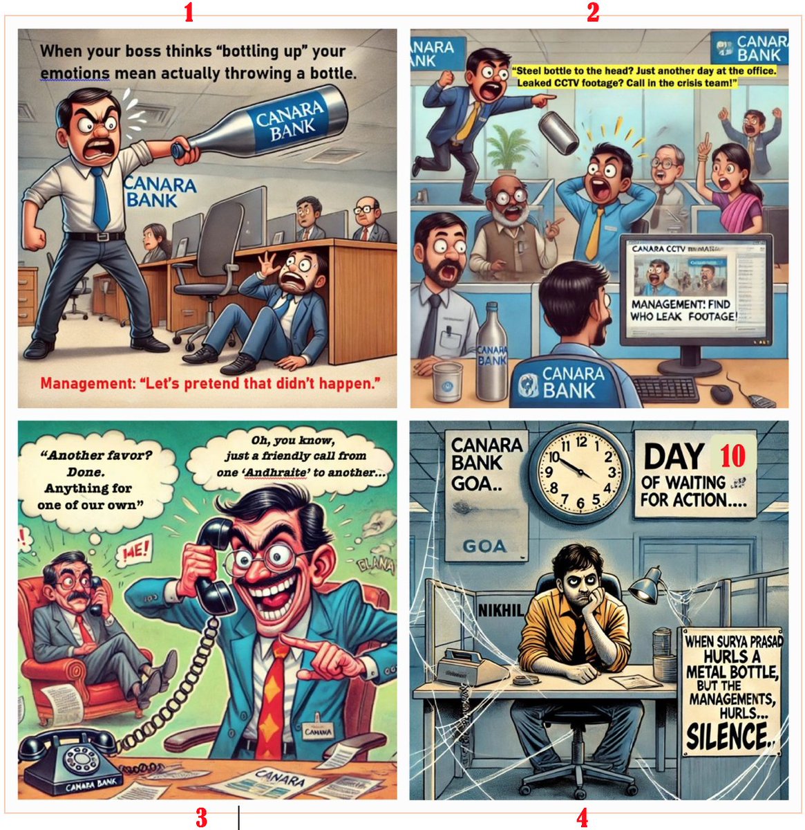 SoloInSilence's tweet photo. Surya hurls a metal bottle at Nikhil, CCTV footage leaks,and what does Canara Bank do?Hunt the real villain—the footage leak,of course! Meanwhile,Surya’s connections keep him cozy,and Nikhil?Still waiting for justice after 10 days."Together We Can"cover it all up?👏#SuspendSurya https://t.co/0jMjtdiQ9P