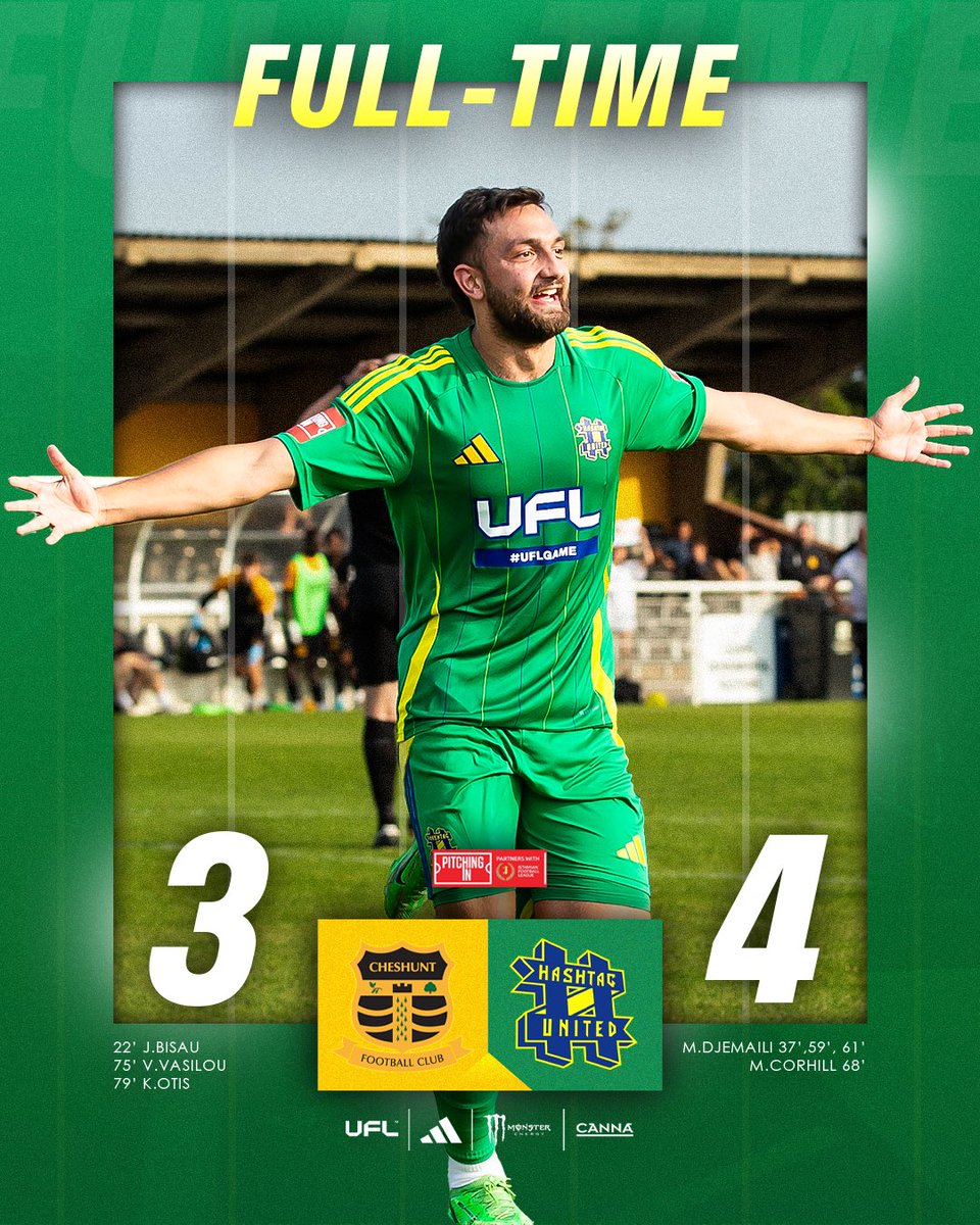 FULL-TIME
<a href="/cheshuntfcscore/">Cheshunt FC</a> 3-4 #️⃣
⚽️38’ ⚽️59’ ⚽️61’ <a href="/DjemailiM/">M</a> 
⚽️67’ <a href="/cornhill5/">max cornhilll</a> 

WHAT A GAME! 🤯 It’s 3 goals for Misha &amp; 3 points for the boys today in an absolute CLASSIC of a non-league fixture 🙌 A close end to the game after looking out of sight… But a win nonetheless! No