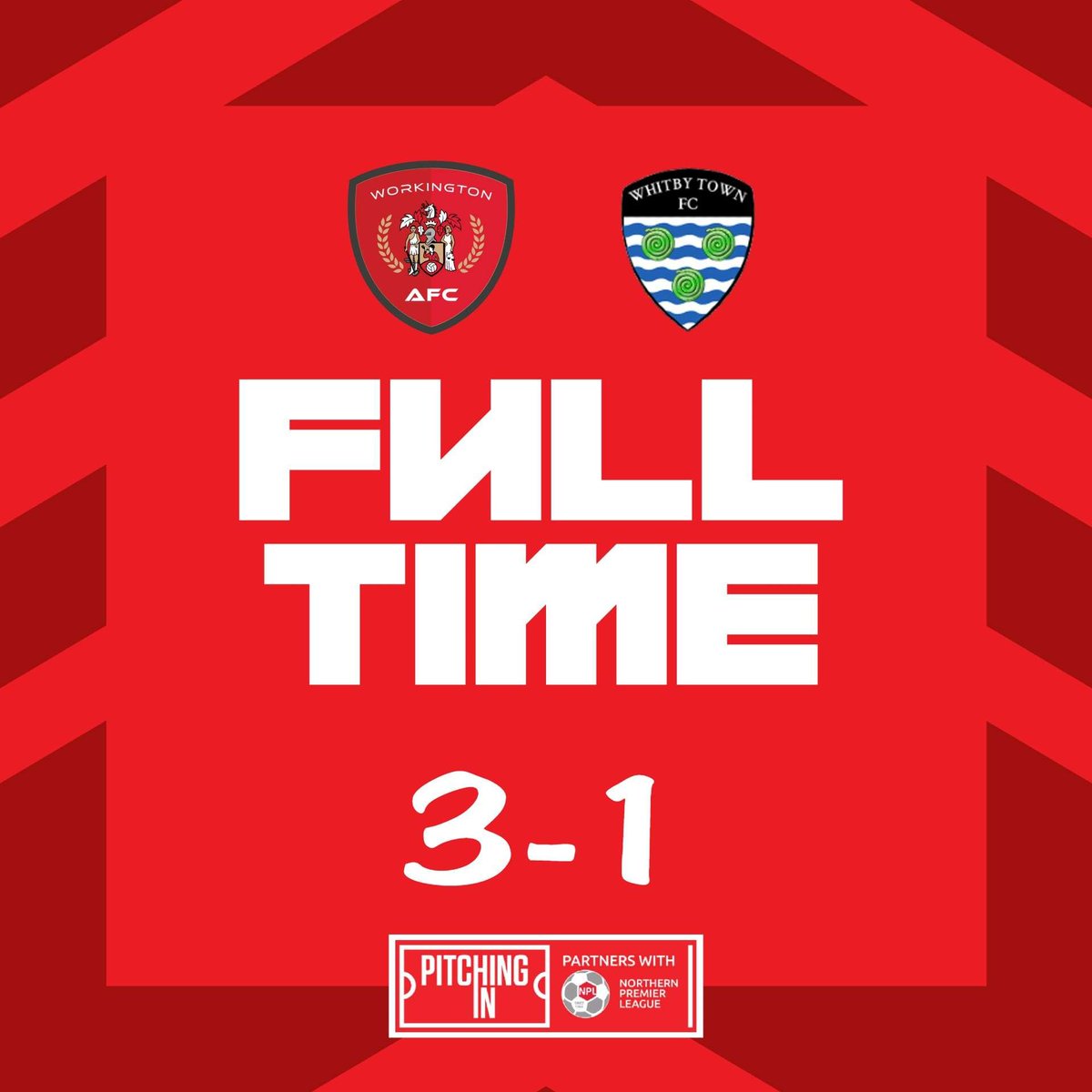 𝐅𝐔𝐋𝐋 𝐓𝐈𝐌𝐄

3 Points ✅

Goals from David Norris, Stephen Rigg and Dav Symington mean we're back to winning ways!

Workington 3-1 Whitby