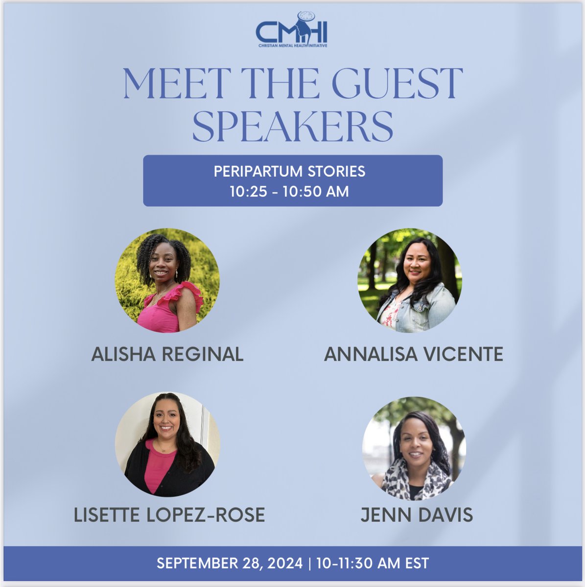 Peripartum Stories Panel Spotlight! 

Meet our group of speakers who will be sharing their stories on maternal mental health at the lived experience panel! 

Register here: us06web.zoom.us/meeting/regist…

#maternalmentalhealth #selfcare #faith #therapy #meds #minoritymentalhealth