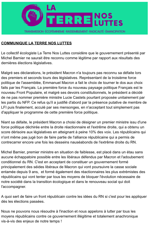 🌍✊ Communiqué du collectif écologiste La Terre Nos Luttes suite à l'annonce du gouvernement #Barnier