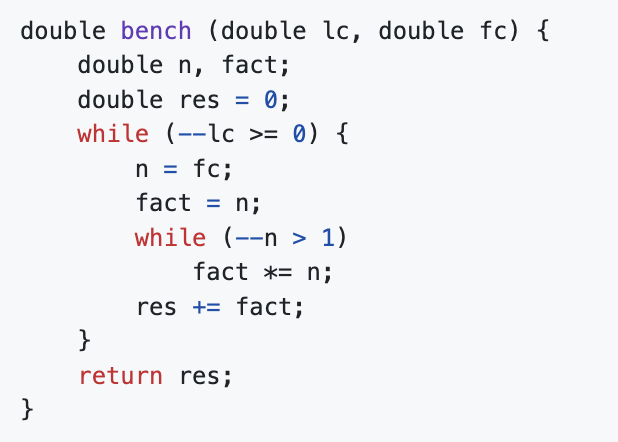 tmikov's tweet photo. People periodically ask on GitHub when we will add Wasm support to Hermes - that is the ability for Hermes to execute Wasm as well as JS. One suggested solution is to use one of the excellent existing Wasm runtimes like Wasmer.

I just wrote a pretty long response and thought it is worth sharing here as well.

WebAssembly (Wasm) is excellent for platform-neutral code distribution and achieving near-native performance, for example in browsers or containers. However, for native apps, Wasm's utility is not so obvious, since the app is already targeting a native platform and doesn't need the extra layer.

Then there is the issue of latency and cost. Wasm is not ideal for fast interpretation because it acts more like a binary representation of an abstract syntax tree (AST) rather than a binary language designed for interpretation. This means that using Wasm involves either a slow interpreter or upfront JIT compilation, both of which go against Hermes' design goals of rapid startup, minimal latency and predictable performance.

The binary size of Hermes also has to be considered. Wasm engines like Wasmer are actually larger than Hermes itself, so "adding" a Wasm engine on top of Hermes would at least triple the binary size, which is quite ironic considering Hermes' compact size.

Furthermore, integrating Wasm into a JavaScript engine is not as easy as it might appear, because new versions of Wasm that include garbage collection require a very tight integration with the JS engine.

It’s also not necessarily true that Wasm is faster than Hermes bytecode. Static Hermes has a native backend and JIT tuned for the bytecode. If Wasm code were translated to Asm.js and then compiled with Hermes, it would leverage our optimizing compiler.

While our focus hasn't been Asm.js optimization (there are two main issues: integer support and specialized access to the memory array buffer), the incremental effort of support these is less than integrating a separate Wasm engine, especially considering all the factors I described above.

Therefore, the recommended approach is transpiling Wasm to Asm.js, which Static Hermes can then compile either to bytecode or native.

To illustrate my point, I performed a little experiment. It is not super representative, but shows the idea. I wrote the following mini-benchmark in C:

With some timing code, invoked with 𝚋𝚎𝚗𝚌𝚑(𝟺𝚎𝟼, 𝟷00), compiled with Clang -O3, it executes in 278 ms.

Then I compiled the same function to Wasm and converted it to JS:

I got the following JS:

I added some timing code, compiled to bytecode, and:

1. Executed it with the Static Hermes jit: 
    𝚜𝚑-𝚑𝚎𝚛𝚖𝚎𝚜 -𝚇𝚏𝚘𝚛𝚌𝚎-𝚓𝚒𝚝 𝚋𝚎𝚗𝚌𝚑.𝚓𝚜 
It ran in 406 ms.
2. Compiled to native with Static Hermes: 
    𝚜𝚑𝚎𝚛𝚖𝚎𝚜 𝚋𝚎𝚗𝚌𝚑.𝚓𝚜 -𝚘 𝚋𝚎𝚗𝚌𝚑 && ./𝚋𝚎𝚗𝚌𝚑 
It ran in 266 ms.

To recap:
- C version with Clang -O3: 270 ms.
- Asm.js + Static Hermes JIT in forced mode: 410 ms.
- Asm.js + Static Hermes native: 270 ms.

The difference between Static Hermes native and C is within the noise on my Mac, so I consider them the same and rounded all of the times.

Now, this is not a very good benchmark: it only uses doubles and it doesn't access memory, but it demonstrates the idea.