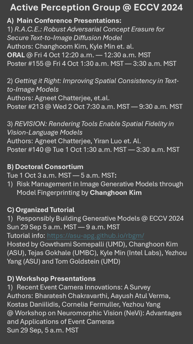 prof_yz's tweet photo. Dear friends, from Sun Sep 29th, @ApgAsu ers will present 👇papers, DC poster, organize tutorial and workshop paper @eccvconf with a focus on semantically precise #T2I, secure #GenAI and a survey of Recent Event Camera Innovations.

Please chat with our talented members! 🙏🤠 https://t.co/xbu9wFh1kb