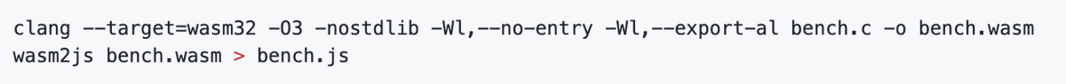 tmikov's tweet photo. People periodically ask on GitHub when we will add Wasm support to Hermes - that is the ability for Hermes to execute Wasm as well as JS. One suggested solution is to use one of the excellent existing Wasm runtimes like Wasmer.

I just wrote a pretty long response and thought it is worth sharing here as well.

WebAssembly (Wasm) is excellent for platform-neutral code distribution and achieving near-native performance, for example in browsers or containers. However, for native apps, Wasm's utility is not so obvious, since the app is already targeting a native platform and doesn't need the extra layer.

Then there is the issue of latency and cost. Wasm is not ideal for fast interpretation because it acts more like a binary representation of an abstract syntax tree (AST) rather than a binary language designed for interpretation. This means that using Wasm involves either a slow interpreter or upfront JIT compilation, both of which go against Hermes' design goals of rapid startup, minimal latency and predictable performance.

The binary size of Hermes also has to be considered. Wasm engines like Wasmer are actually larger than Hermes itself, so "adding" a Wasm engine on top of Hermes would at least triple the binary size, which is quite ironic considering Hermes' compact size.

Furthermore, integrating Wasm into a JavaScript engine is not as easy as it might appear, because new versions of Wasm that include garbage collection require a very tight integration with the JS engine.

It’s also not necessarily true that Wasm is faster than Hermes bytecode. Static Hermes has a native backend and JIT tuned for the bytecode. If Wasm code were translated to Asm.js and then compiled with Hermes, it would leverage our optimizing compiler.

While our focus hasn't been Asm.js optimization (there are two main issues: integer support and specialized access to the memory array buffer), the incremental effort of support these is less than integrating a separate Wasm engine, especially considering all the factors I described above.

Therefore, the recommended approach is transpiling Wasm to Asm.js, which Static Hermes can then compile either to bytecode or native.

To illustrate my point, I performed a little experiment. It is not super representative, but shows the idea. I wrote the following mini-benchmark in C:

With some timing code, invoked with 𝚋𝚎𝚗𝚌𝚑(𝟺𝚎𝟼, 𝟷00), compiled with Clang -O3, it executes in 278 ms.

Then I compiled the same function to Wasm and converted it to JS:

I got the following JS:

I added some timing code, compiled to bytecode, and:

1. Executed it with the Static Hermes jit: 
    𝚜𝚑-𝚑𝚎𝚛𝚖𝚎𝚜 -𝚇𝚏𝚘𝚛𝚌𝚎-𝚓𝚒𝚝 𝚋𝚎𝚗𝚌𝚑.𝚓𝚜 
It ran in 406 ms.
2. Compiled to native with Static Hermes: 
    𝚜𝚑𝚎𝚛𝚖𝚎𝚜 𝚋𝚎𝚗𝚌𝚑.𝚓𝚜 -𝚘 𝚋𝚎𝚗𝚌𝚑 && ./𝚋𝚎𝚗𝚌𝚑 
It ran in 266 ms.

To recap:
- C version with Clang -O3: 270 ms.
- Asm.js + Static Hermes JIT in forced mode: 410 ms.
- Asm.js + Static Hermes native: 270 ms.

The difference between Static Hermes native and C is within the noise on my Mac, so I consider them the same and rounded all of the times.

Now, this is not a very good benchmark: it only uses doubles and it doesn't access memory, but it demonstrates the idea.