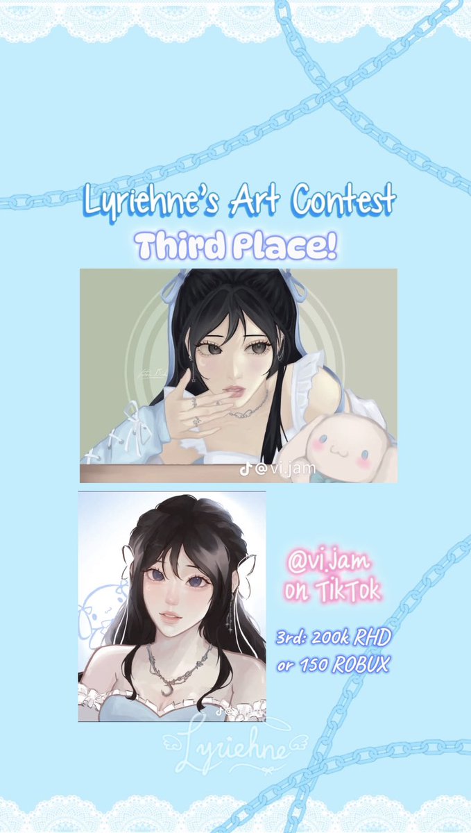 #LyriehneArtContest Final Results! 🩵 

⭐️ Winners:
1st: <a href="/bonyagreen1/">bonyagreen1</a> 
2nd: @annievenxcv 
3rd: @ vi.jam on TikTok

☁️ Congratulations and DM <a href="/Lyriehney/">lyes ☆</a> to claim your prizes :D

Runner-Up’s in thread ↴