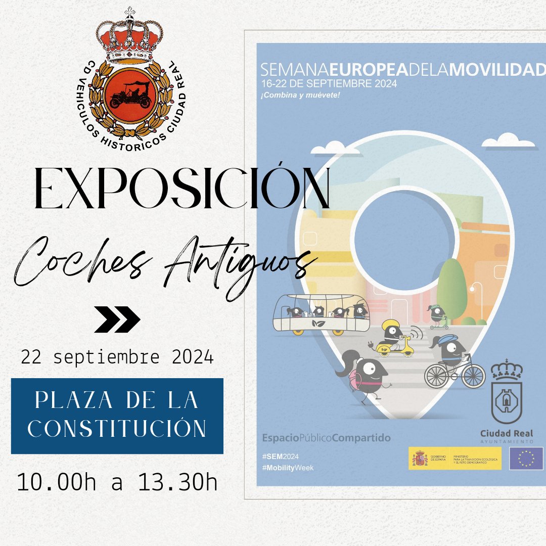 Mañana os esperamos en la Plaza de la Constitución. #SemanaEuropeaDeLaMovilidad #CiudadReal #historicosCR #cochesantiguos #motor