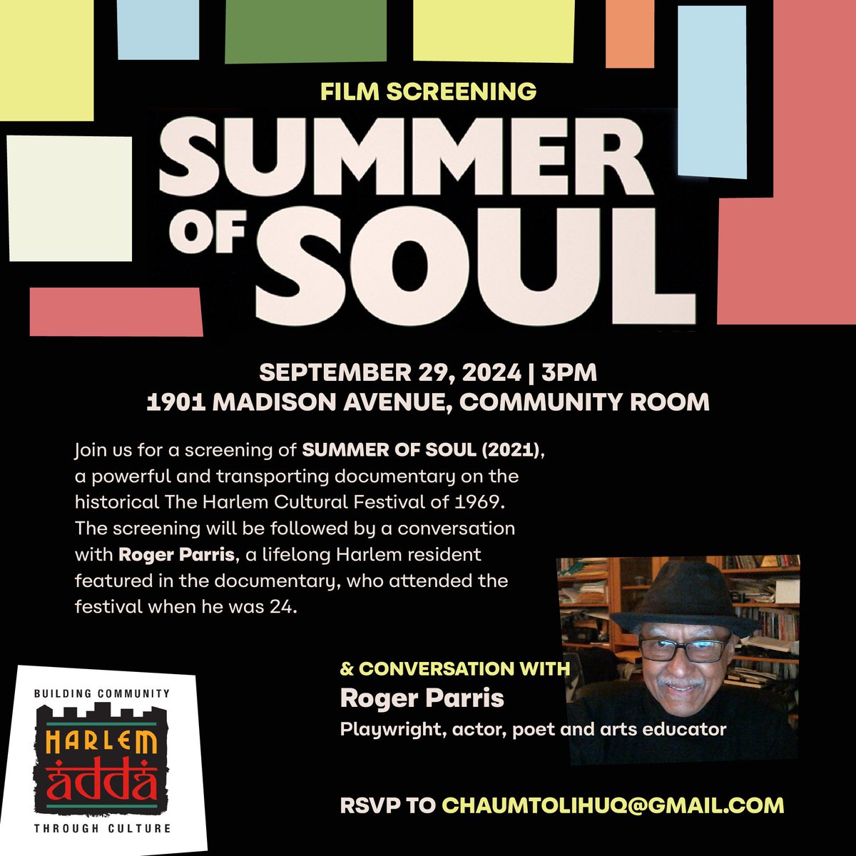 profhuq's tweet photo. Join @harlemadda next Sunday, 9/29 for a screening and discussion of Summer of Soul. https://t.co/5gBHxEN1Nk https://t.co/AyinbVkTL6