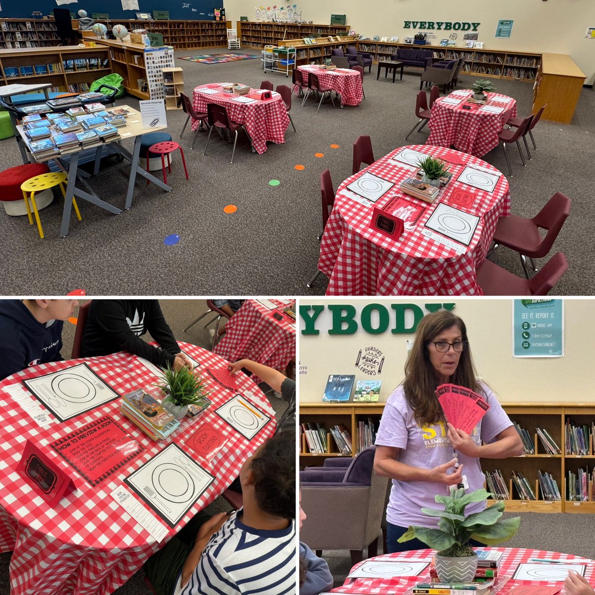 libraryloflin's tweet photo. Owner/Manager Constantine set up a Book Cafe in the Library and Chef Loflin provided the dishes (books) to create a culminating activity to our week of grasping genre. What is your favorite genre?? 📚🧺 https://t.co/WANKEs8Gkd