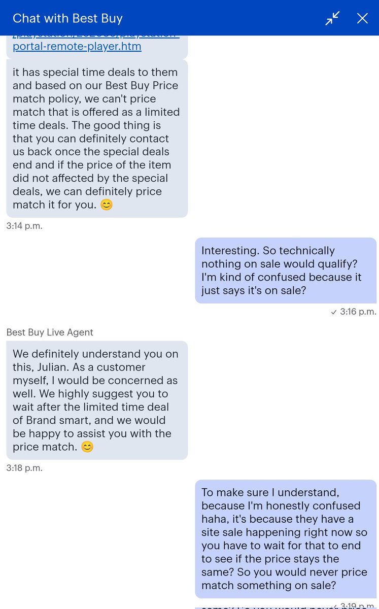 JulesThePulp's tweet photo. @BestBuy your price match policy makes zero sense. Site wide sales are excluded? Also your associates use too many canned responses. I'd rather chat with AI than this nonsense. https://t.co/RWyI2qFnNT