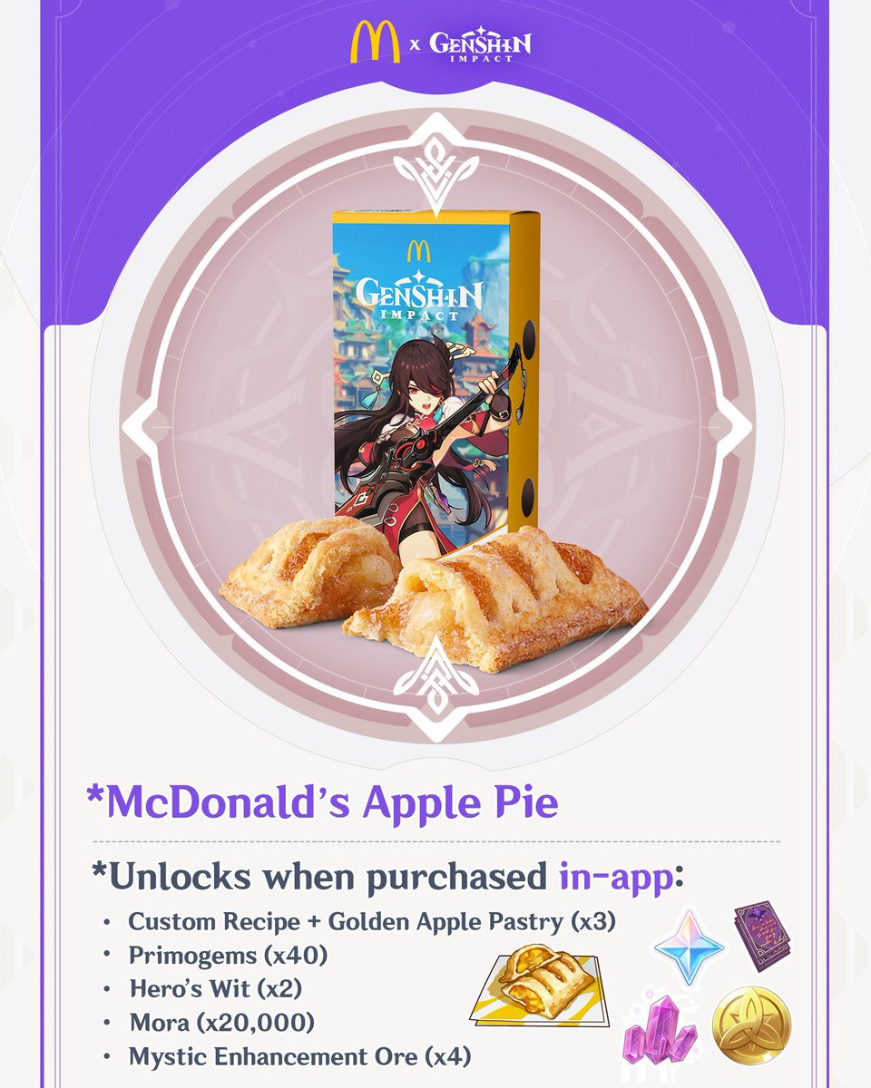 GiantBaconStrip's tweet photo. Mcdonalds x Genshin Apple Pie and Glider/Namecard CODE for people outside the US

QUICK GIVEAWAY: WILL END IN 2 HOURS
 
Just uh ❤️Like,🫂Follow, and👻rtwt 

I have never done a giveaway before so if there is an issue I apologize in advance. Will DM the codes to the winner https://t.co/qk9kDLbdmm