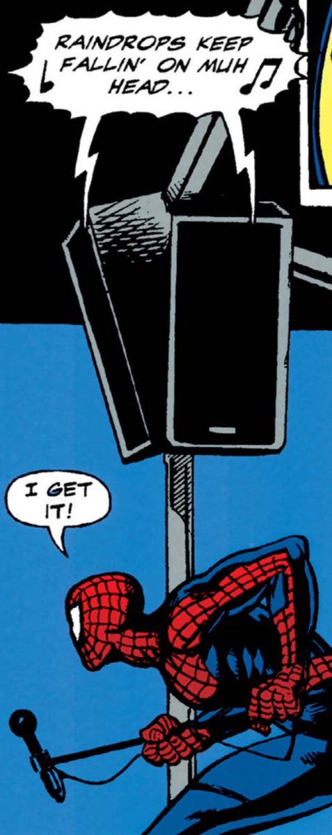 BlisssAbyss's tweet photo. @NerdSync Would you believe me if I told you Spider-Man 2 wasn’t the first instance of Raindrops Keep Fallin’ on My Head in Spider-Man media?

I discovered this by cure coincidence, panel is from Spectacular Spider-Man Super Special #1, released in 1995! https://t.co/brL7du9Y9P