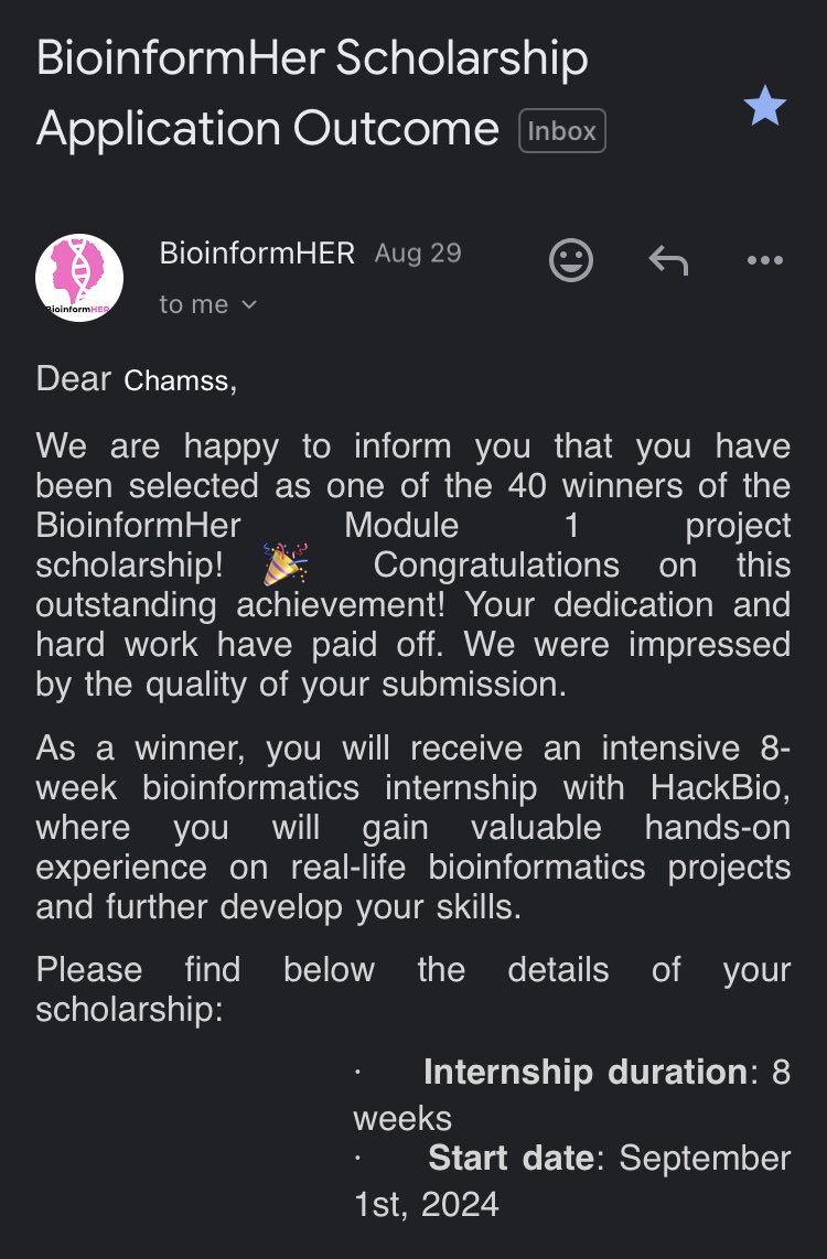 sundestiny1's tweet photo. 🎉 Thrilled to announce that I’m one of the 40 winners of the @BioinformHER scholarship! 🙏✨ Grateful for this recognition of my hard work and excited to continue my bioinformatics journey. 🚀 🌟 #ScholarshipWinner #WomenInScience #STEM #Bioinformatics #CareerGrowth https://t.co/zdXVsrhg1u