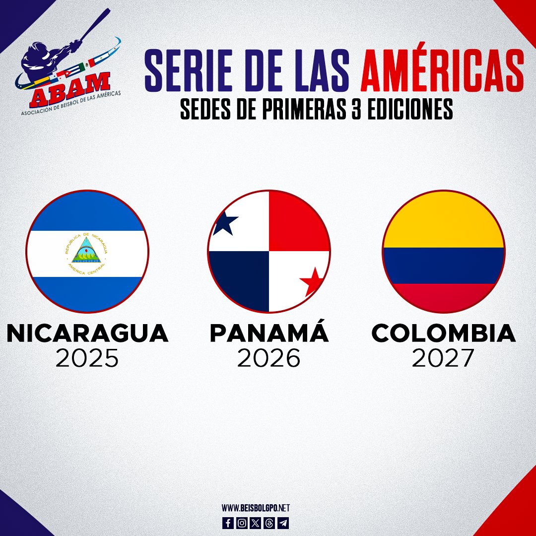 #Beisbol || Nicaragua (2025) Panamá (2026) y Colombia (2027) fueron anunciadas como las sesdes de las primeras tres ediciones de la Serie de Las Américas, evento que contará con la participación de los miembros de la Asociación de Béisbol de las Américas (ABAM)

#Nicaragua