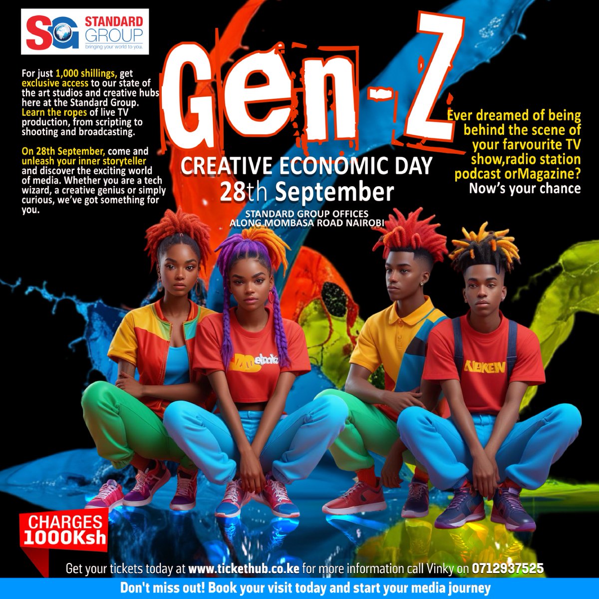 On 28th September 2024, we’re opening our doors for the Gen Z Creative Economic Day! 

For just KSh 1000, explore our top-notch TV, Radio, and Podcast studios and meet the faces behind the mic🎤📺

Hurry and get your tickets NOW! 👉 tickethub.co.ke

#GenZCreativeEconomy