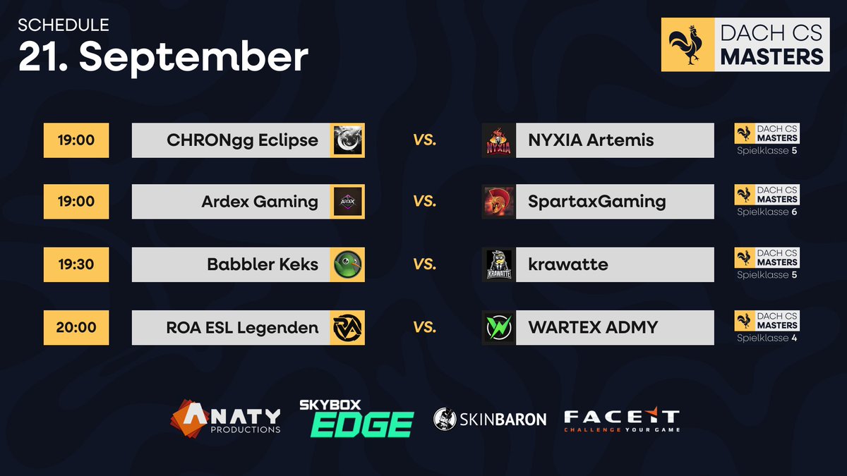 DACH CS Masters (@dachcs) on Twitter photo Bisschen verspätet, aber heute ist wieder einiges los bei den DACH CS Masters 🤩
Ein bisschen Amateur Counter-Strike für euch im Überblick 👇
🎮 <a href="/CHRONgg_Eclipse/">CHRONgg Eclipse</a> VS. <a href="/NYXIA_eSports/">NYXIA eSports</a> Artemis
⏰ 19:00
📺 twitch.tv/Theluchs4363
🎙️ <a href="/Theluchs4363/">Dennis "Theluchs4363" Spaht</a>
🎮 Ardex Gaming VS. Spartax Gaming Bisschen verspätet, aber heute ist wieder einiges los bei den DACH CS Masters 🤩
Ein bisschen Amateur Counter-Strike für euch im Überblick 👇
🎮 <a href="/CHRONgg_Eclipse/">CHRONgg Eclipse</a> VS. <a href="/NYXIA_eSports/">NYXIA eSports</a> Artemis
⏰ 19:00
📺 twitch.tv/Theluchs4363
🎙️ <a href="/Theluchs4363/">Dennis "Theluchs4363" Spaht</a>
🎮 Ardex Gaming VS. Spartax Gaming