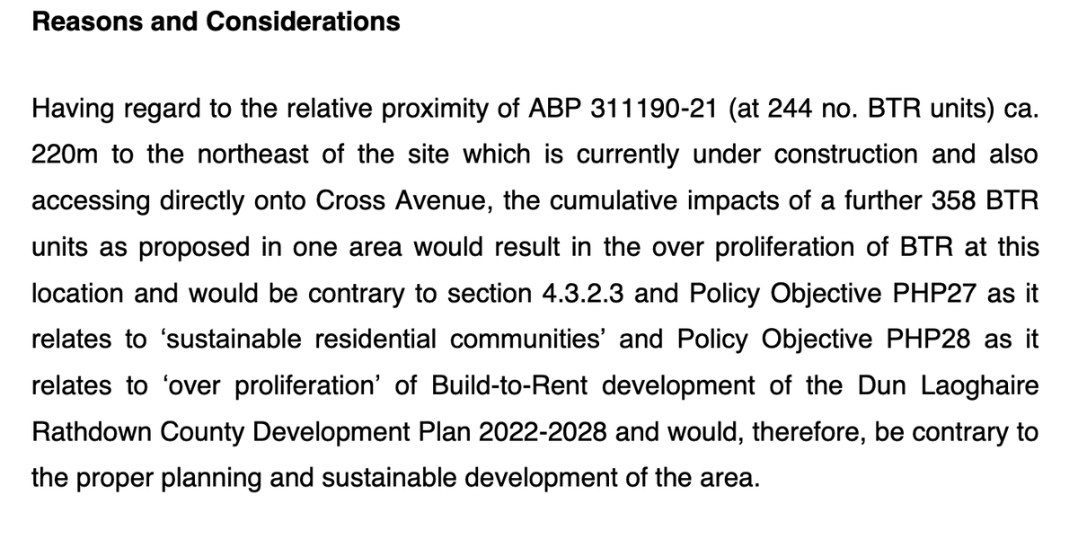 The reason planning permission was refused for 355 units in one of these developments is that <a href="/dlrcc/">Dún Laoghaire-Rathdown County Council</a> and @anbordpleanala are concerned there would be too many renters. In Blackrock, an area where 70% are owner-occupiers...