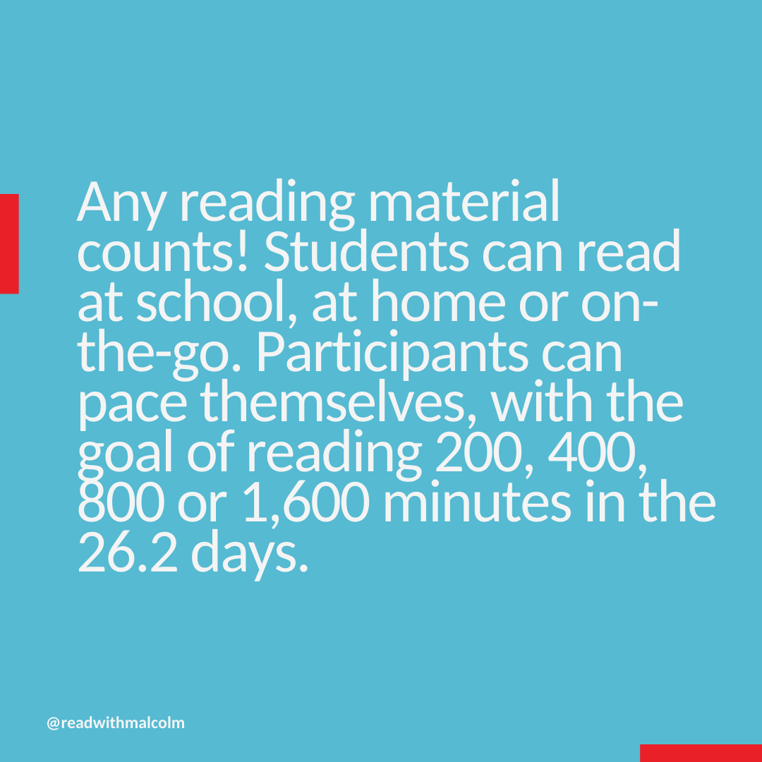 ReadWithMalcolm's tweet photo. #READMarathon is a 26.2-day reading challenge designed to build reading stamina and endurance, just like a running marathon. 🏃➡️ Whether you're sprinting through stories or pacing yourself with a favorite novel, every page counts. Starting October 8th! https://t.co/yHRdnw4nvM