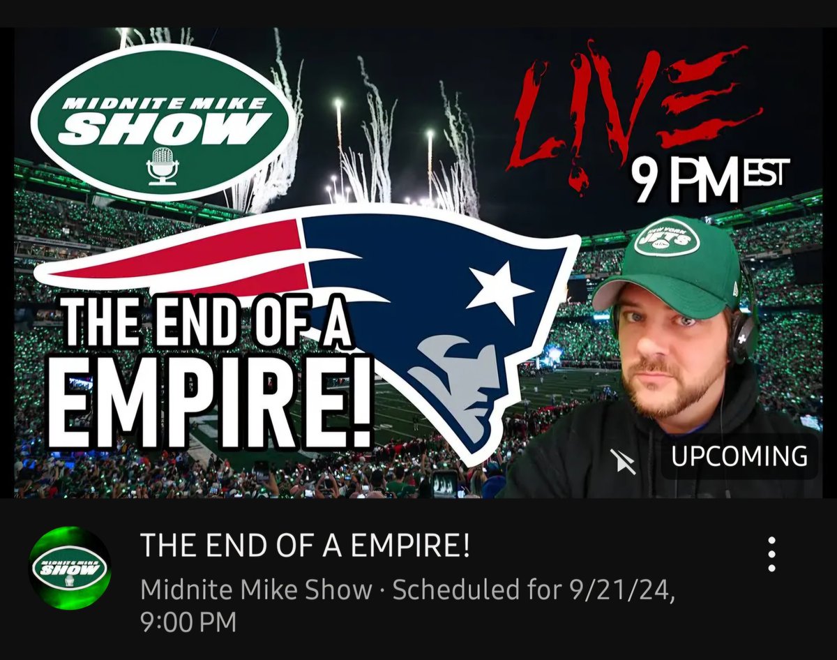 🚨TONIGHT 9PM EST🚨
Join myself and <a href="/mattyjets/">Matty Jets</a> as we celebrate the <a href="/nyjets/">New York Jets</a> Week 3 dominant win, but also mourn the death of the <a href="/Patriots/">New England Patriots</a> empire!

✈️Link in the comments✈️

#JetUp #Jets #Patriots #NFL #AFCEast #NYJvsNE