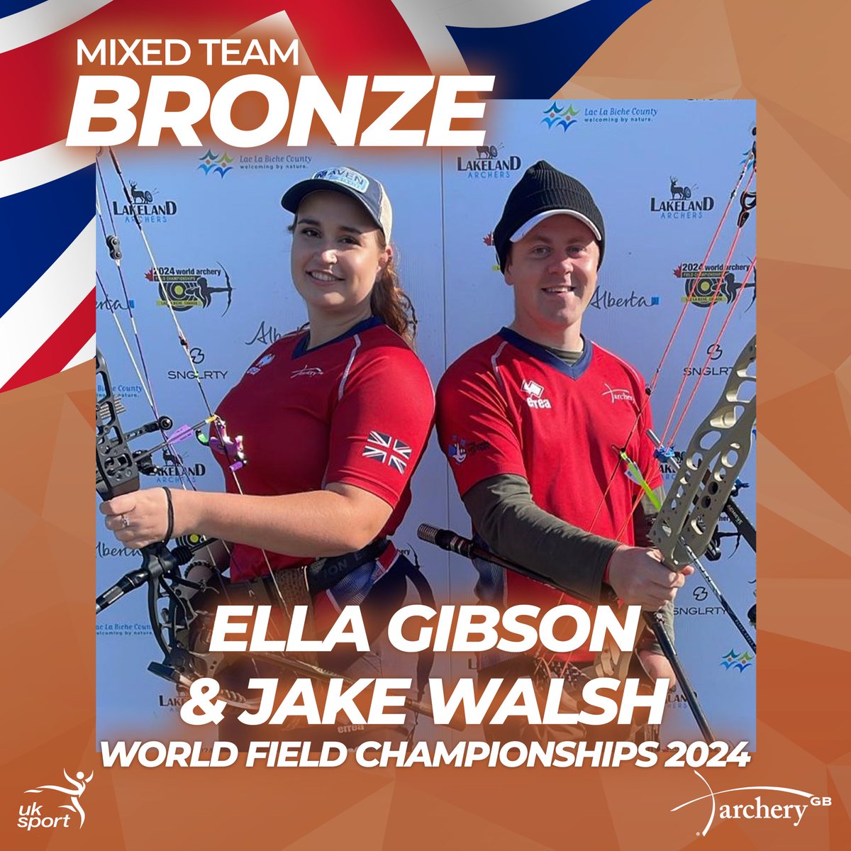 Bronze for Ella Gibson and Jake Walsh at the World Field Championships! Show your support for the archers shooting for medals tomorrow:

16:15 pm - Ollie Hicks, Barebow U21 Men
22:02 pm - Ella Gibson, Compound Women
23:32 pm - Patrick Huston, Recurve Men
info.ianseo.net/?tourid=747