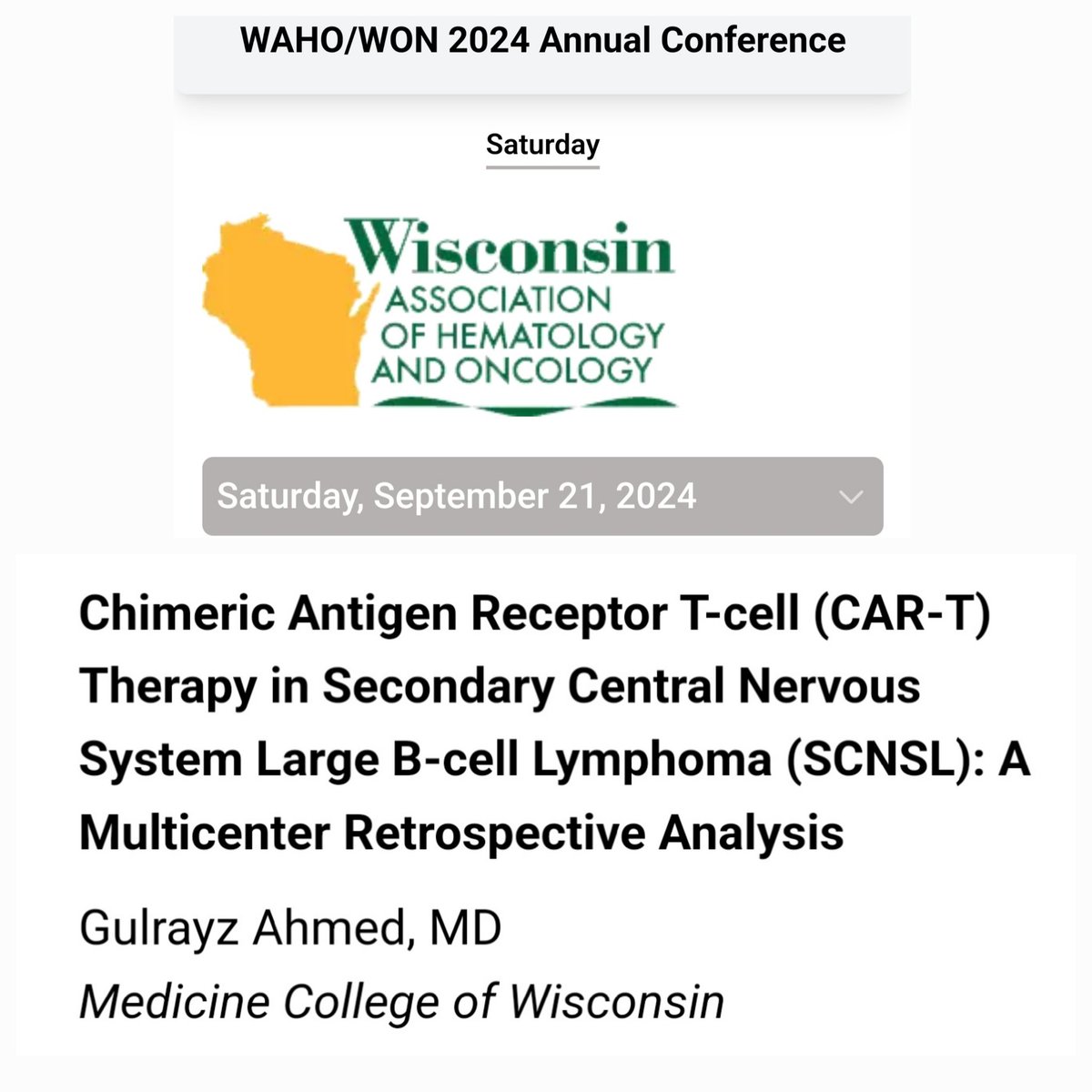 Presenting our work at the WAHO/WON Annual Conference 2024. Thank you #WAHO for the Outstanding Fellow Poster Award. <a href="/MedicalCollege/">Medical College of Wisconsin</a> <a href="/MCWCancerCenter/">MCW Cancer Center</a> <a href="/MediHumdani/">Mehdi Hamadani, MD</a>