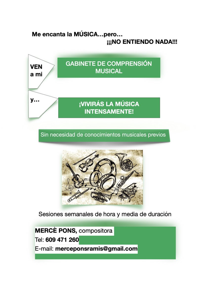 ¡¡Hola amig@s!! NUEVO CURSO en mi GABINETE DE COMPRENSIÓN MUSICAL, en Palma, y ya llevamos 18 años explicando CÓMO ESCUCHAR LA MÚSICA.
EMPEZAMOS EN OCTUBRE.
Apuntaros y disfrutaréis de una experiencia inolvidable.
¡¡¡Además podréis asistir a diferentes actividades musicales!!!