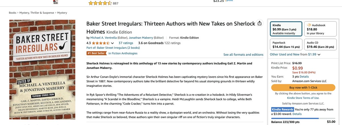 JonathanMaberry's tweet photo. The anthology I co-edited with Michael A Ventrella, BAKER STREET IRREGULARS, an offbeat take on Holmes and Watson, is #1 on Kindle and it's on sale for .99 cents! Grab it now! #sherlockholmes #anthology https://t.co/EQr4pABQQG