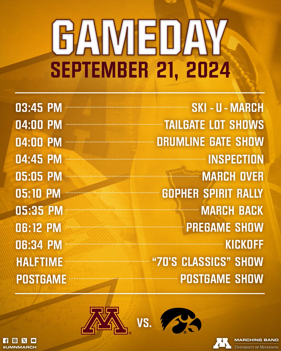 🚨 UPDATED SCHEDULE 🚨 

#universityofminnesota #marchingband #gogophers #gameday
