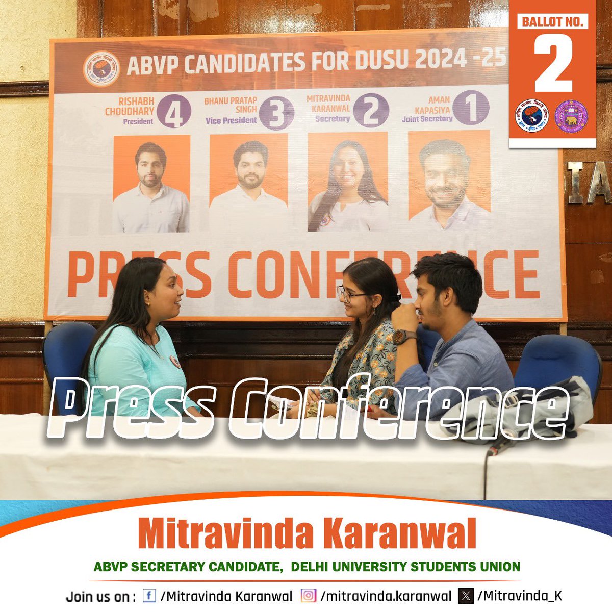 Mitravinda__K's tweet image. It’s time to make your voice heard!

Ballot No.2 
Mitravinda Karanwal for Secretary, DUSU

let’s shape our campus better and empower every student. Your vote is your power! Vote for ABVP! 

VOTE• SUPPORT• ELECT — ABVP

#StudentUnity #Mitravinda4DUSU #DUSupportsABVP
#ABVP4DUSU