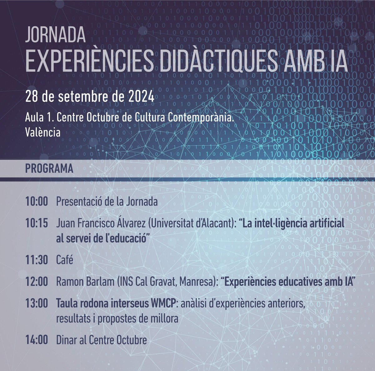 ‼️ Dissabte que ve, 28 de setembre, Jornada d’experiències didàctiques amb IA organitzada per <a href="/1entretants/">1entretants</a> a l’<a href="/OctubreCCC/">OctubreCCC</a>. 
Encara queden places... No t’ho perdes!
Inscripció ací: ja.cat/presentacio_ex…