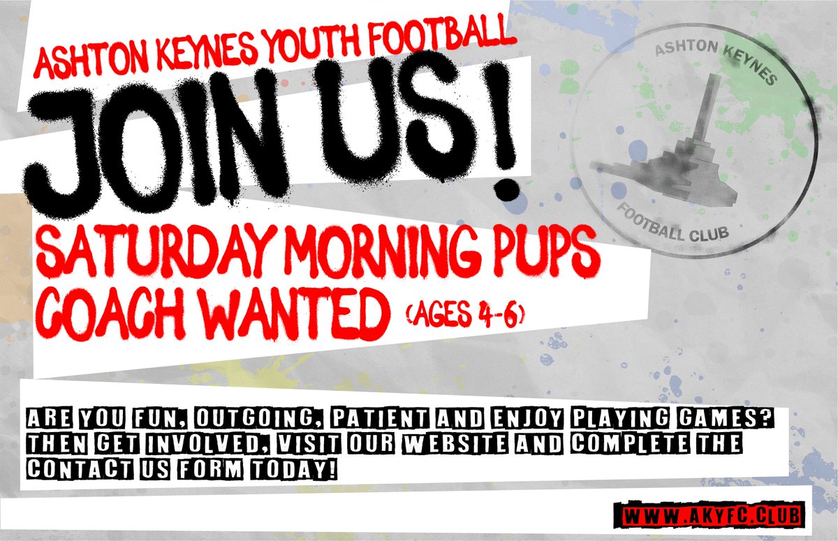 Ashton Keynes Youth Football Club (@akyouthfc) on Twitter photo We’re looking for a Saturday morning football coach, to help with our Pups team (4-6 year olds)
No footballing or coaching experience required, but you must be outgoing, patient, & most importantly, enjoy playing games! You will need to be FA DBS cleared. akyfc.club/contact-us/ We’re looking for a Saturday morning football coach, to help with our Pups team (4-6 year olds)
No footballing or coaching experience required, but you must be outgoing, patient, & most importantly, enjoy playing games! You will need to be FA DBS cleared. akyfc.club/contact-us/
