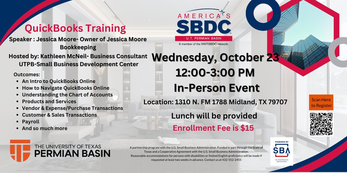Attention all small business owners! Join our IN-PERSON QuickBooks training event and take control of your bookkeeping. Enroll now for $15!
When: Wed, Oct 23, from Noon-3 PM
Where: Midland Campus, Discovery Classroom
Sign up here: nwtsbdc.ecenterdirect.com/events/16475
Lunch will be provided.