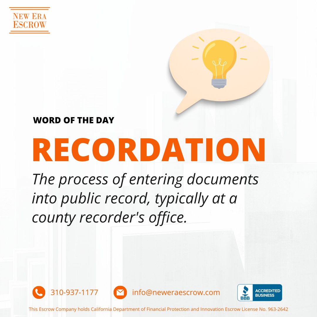 neweraescrow_'s tweet image. Recordation is key for property transactions and legal documentation. It involves entering documents into public records to ensure their official status. 📑🏡 #Recordation #legaldocuments 

#neweraescrow #realestate #premiumexperience #minorityowned #luxuryrealestate
