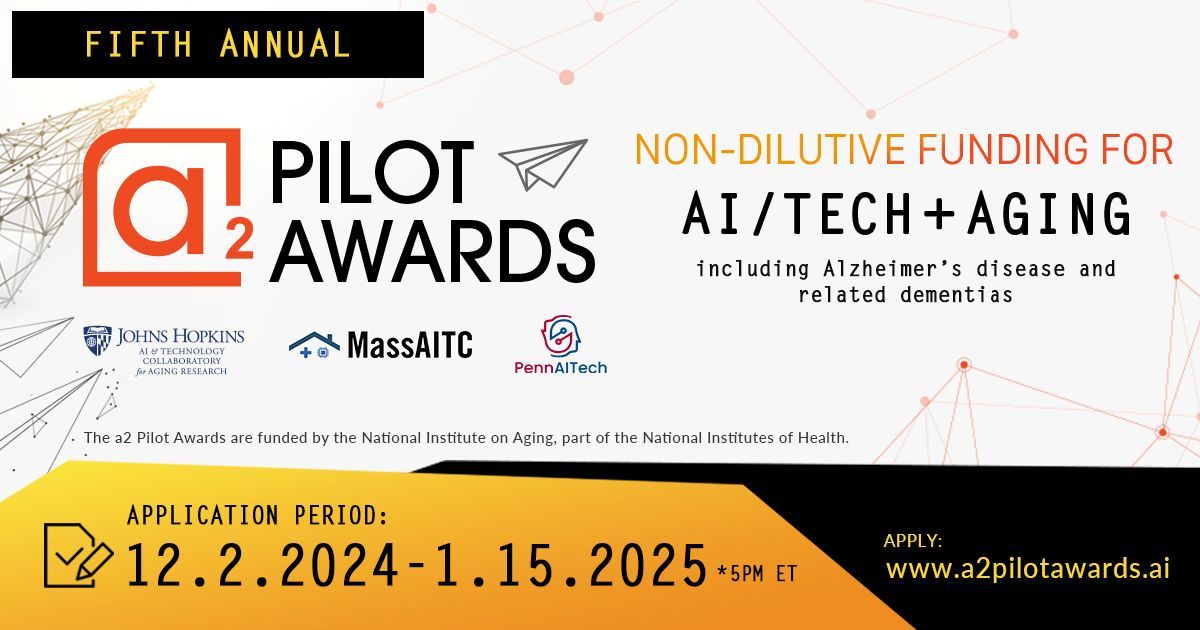 a2_collective's tweet photo. The 5th #a2PilotAwards are your chance to turn #AI-driven ideas into reality for #dementia care & healthy #aging. Apply for up to $200K in funding, open Dec 2, 2024. https://t.co/eponUePaAu @JH_AITC @pennaitech @MassAITC #pilotprojects #adrd https://t.co/JatG0yHBUo