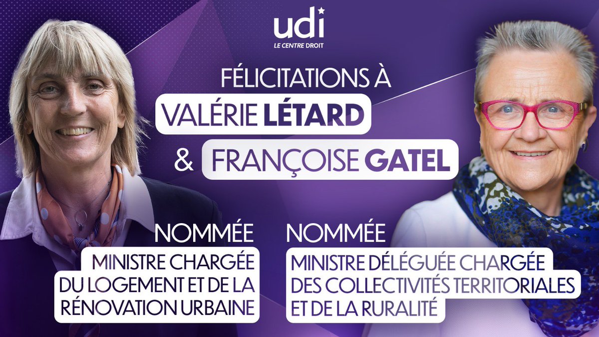 Avec <a href="/valerieletard/">Valérie Létard</a> et <a href="/FrancoiseGatel/">Françoise GATEL</a>, l’<a href="/UDI_off/">UDI</a> participera activement au Gouvernement de <a href="/MichelBarnier/">Michel Barnier</a>. 
Sa réussite est une nécessité pour redresser notre pays, affirmer son rang dans l’économie mondiale et ne laisser aucun de nos concitoyens en marge de la croissance.