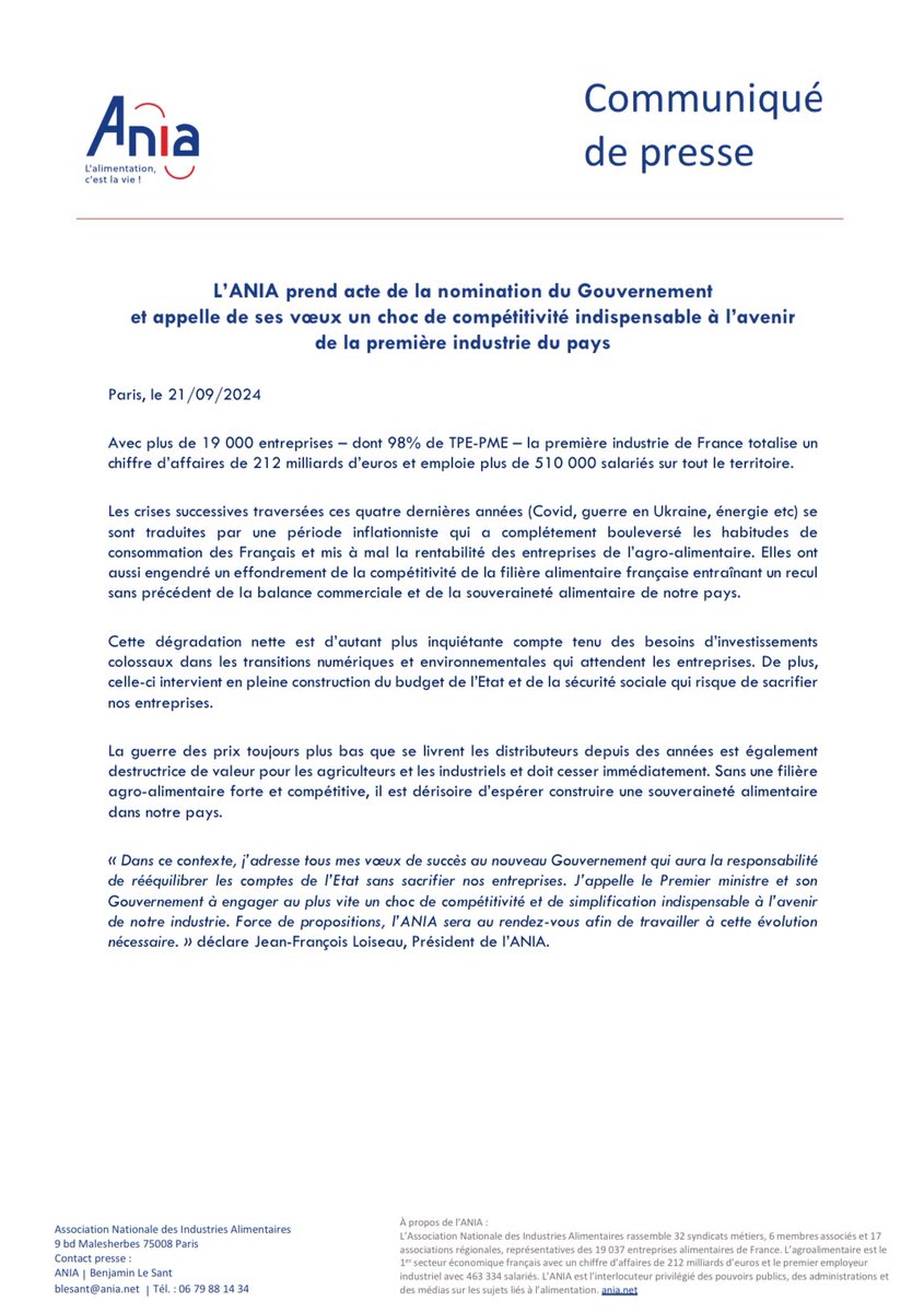 #Nominations | L’ANIA prend acte de la nomination du #Gouvernement et appelle de ses vœux un choc de compétitivité indispensable à l’avenir de la 1ère industrie du pays.

Retrouvez ci-dessous le communiqué de presse. 👇