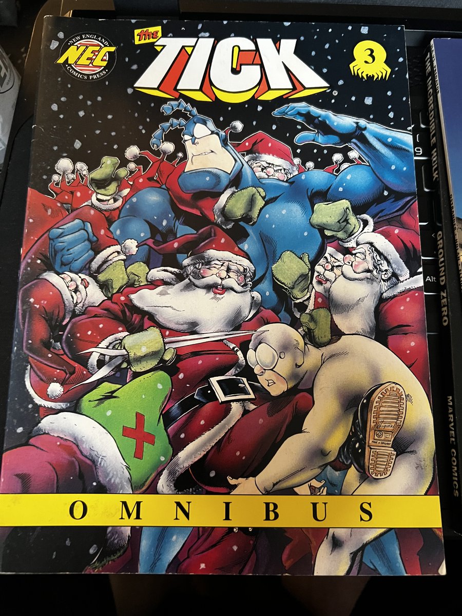 Hardman's tweet photo. Before the awesome cartoon and live-action shows, we had THE TICK comics!
Below are some collected versions of the early days of NEC's classic series:
The Tick Omnibus Vol. 1 - 3 - by @ben_edlund (1990, 1992, 1996)
#thetick #nec #spoon #greatcomics https://t.co/dMsg7hgom2