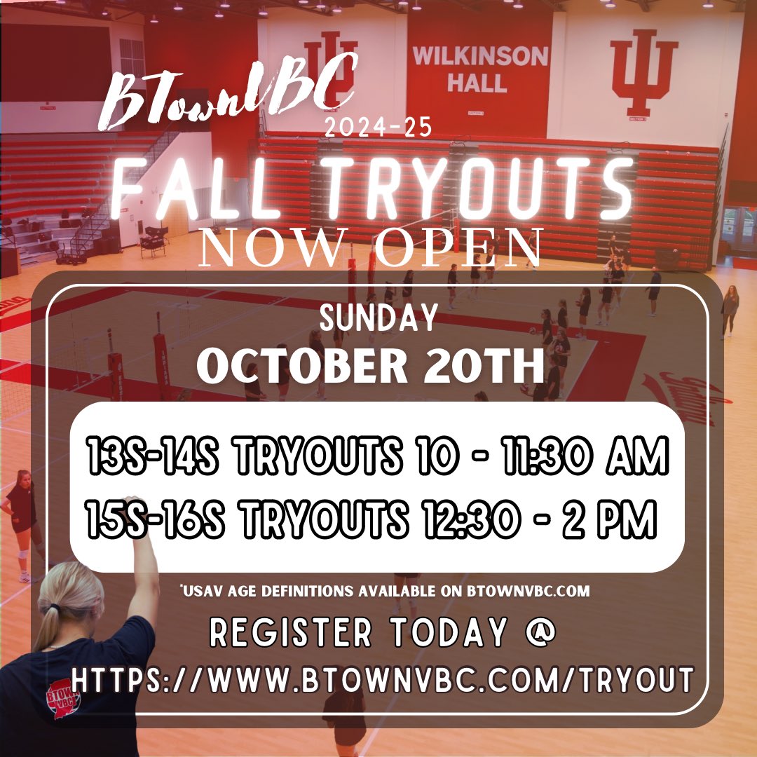 Less than 1 month until BTownVBC Fall Tryouts hosted at Wilkinson Hall! Positions still available at the 13s-16s age group. Register online today! 
Questions? Email us at info@btownvbc.com