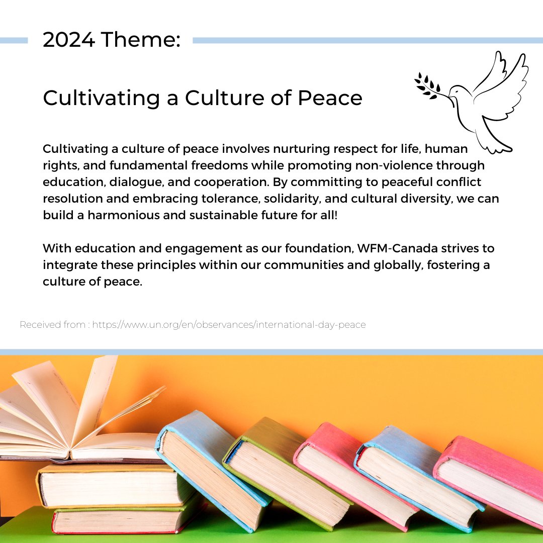 WFMCanada's tweet photo. Today marks 25 years since the UN’s Culture of Peace Declaration. Amid escalating global conflicts, WFM-Canada works to foster a culture of peace through education, dialogue, and understanding. ✌️🌍

Join our events 👉 https://t.co/bb27Lag9HF

#InternationalDayOfPeace https://t.co/nrHEJbzj0Z
