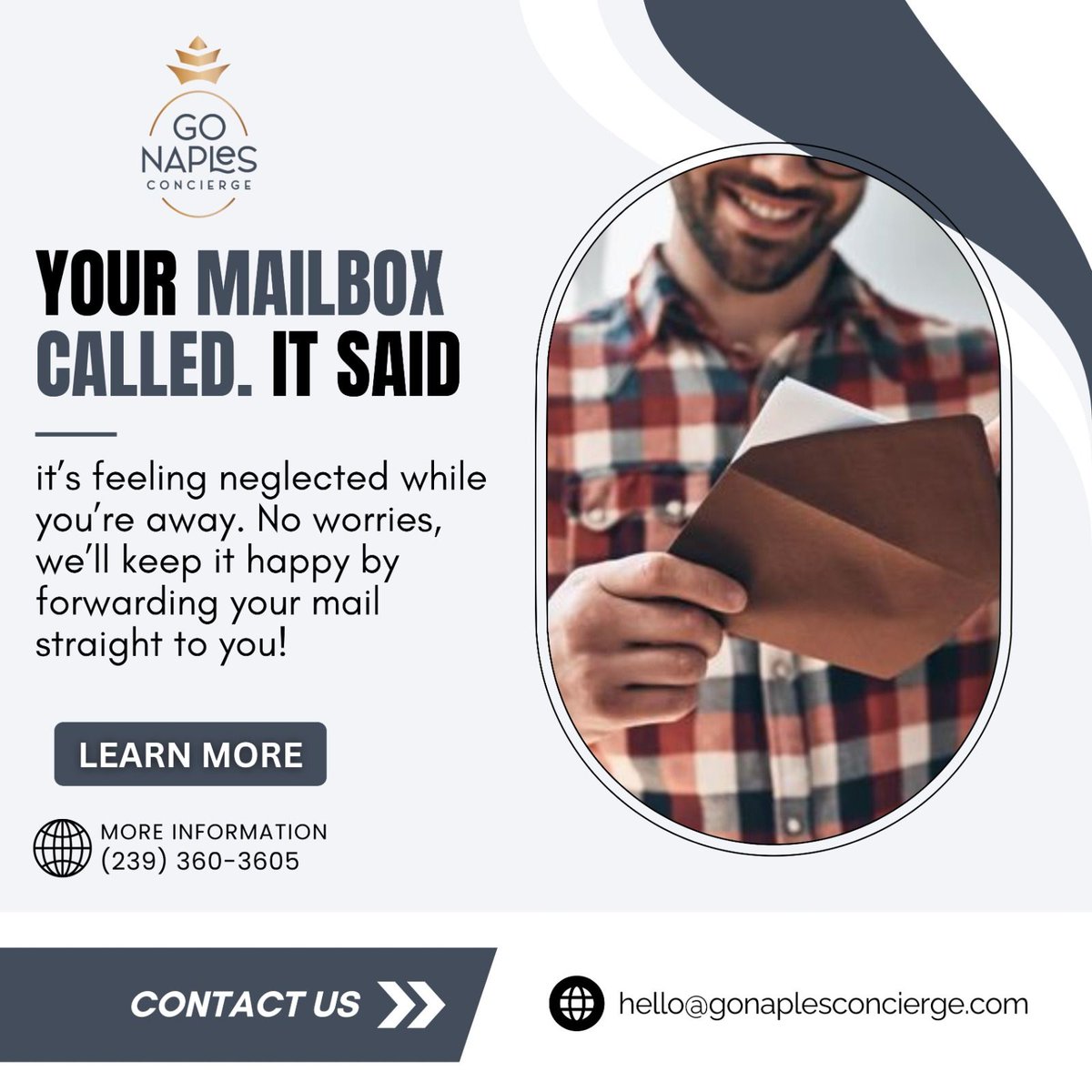 gonapleshome's tweet image. Your mailbox misses you, but with Go Naples Concierge’s Mail Forwarding service, it’ll stay happy and you’ll never miss a letter! 

Contact us today   (239) 360-3605 or hello@gonaplesconcierge.com to keep your mailbox in good hands!
.
#MailForwarding #MailboxLove #ConciergeCare