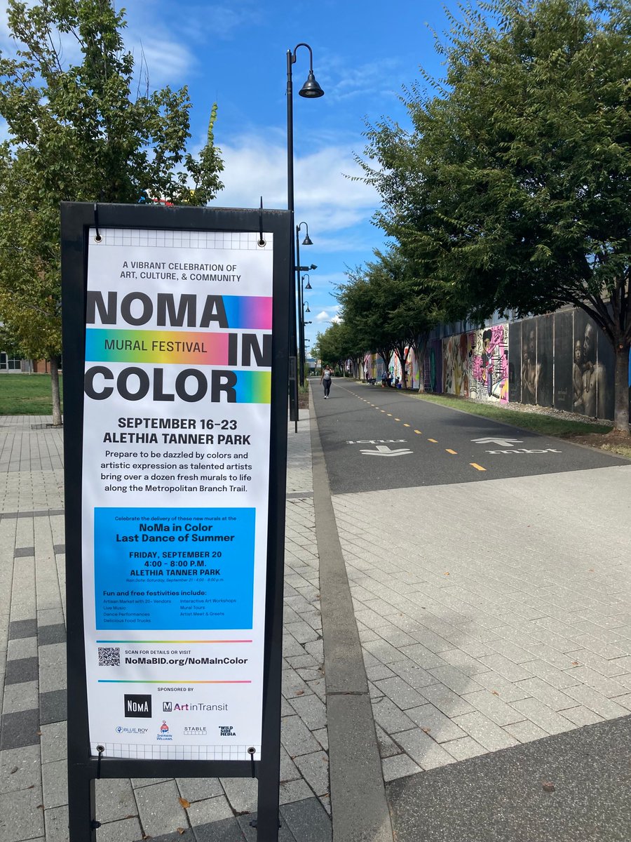 wmata's tweet image. Metro’s #ArtinTransit is excited to partner with the @NoMaBID on the NoMa in Color Mural Festival. Be dazzled by colorful murals being painted by local artists on the Metro wall along the Metropolitan Branch Trail near NoMa–Gallaudet Station.
nomabid.org/annual-events/… #wmata