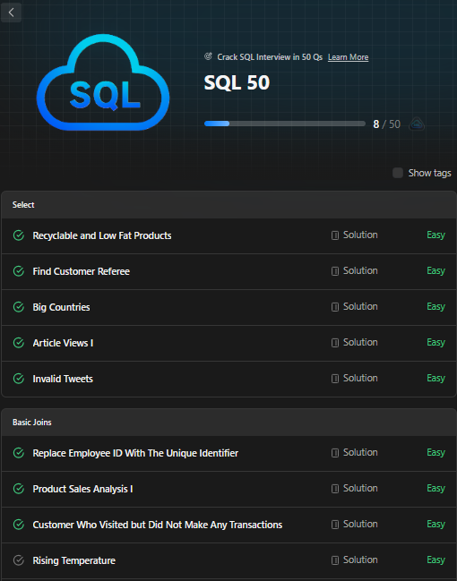ankurdas1998's tweet photo. SQL Journey Update:
Started the LeetCode SQL 50 study plan!
Problems solved:
1068. Product Sales Analysis I
1378. Replace Employee ID With The Unique Identifier
1581. Customer Who Visited but Never Made a Purchase
1757. Recyclable and Low Fat Products
#SQL #LeetCode #TechLearning https://t.co/pDr0ttaujl