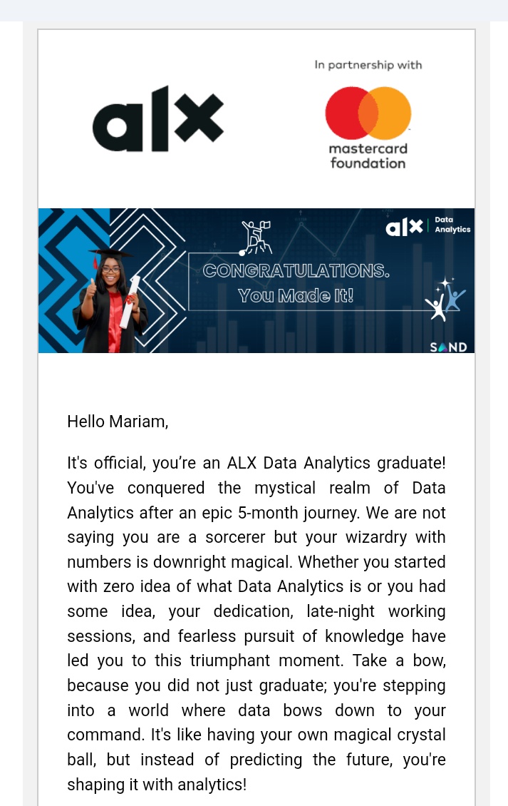 aderiqueza's tweet photo. From "Karibu" to "Tambali".
Taking a bow as a Data Analytics graduate after nights of milestones submission from Foundation to course transition of preparing, querying and visualizing data.  It's been months of doing hard things.
#ALXlevelup #ALXDataAnalytics #DoHardThings https://t.co/kalbDLVeel