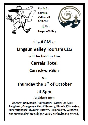 Join Us for Our Annual General Meeting in Carraig Hotel on Thurs. 3rd Oct. 8pm. Your participation is crucial in shaping the future of our historic valley. At the AGM, we will plan for the future, elect new board members, and review annual report. "RSVP to info@lingaunvalley.ie