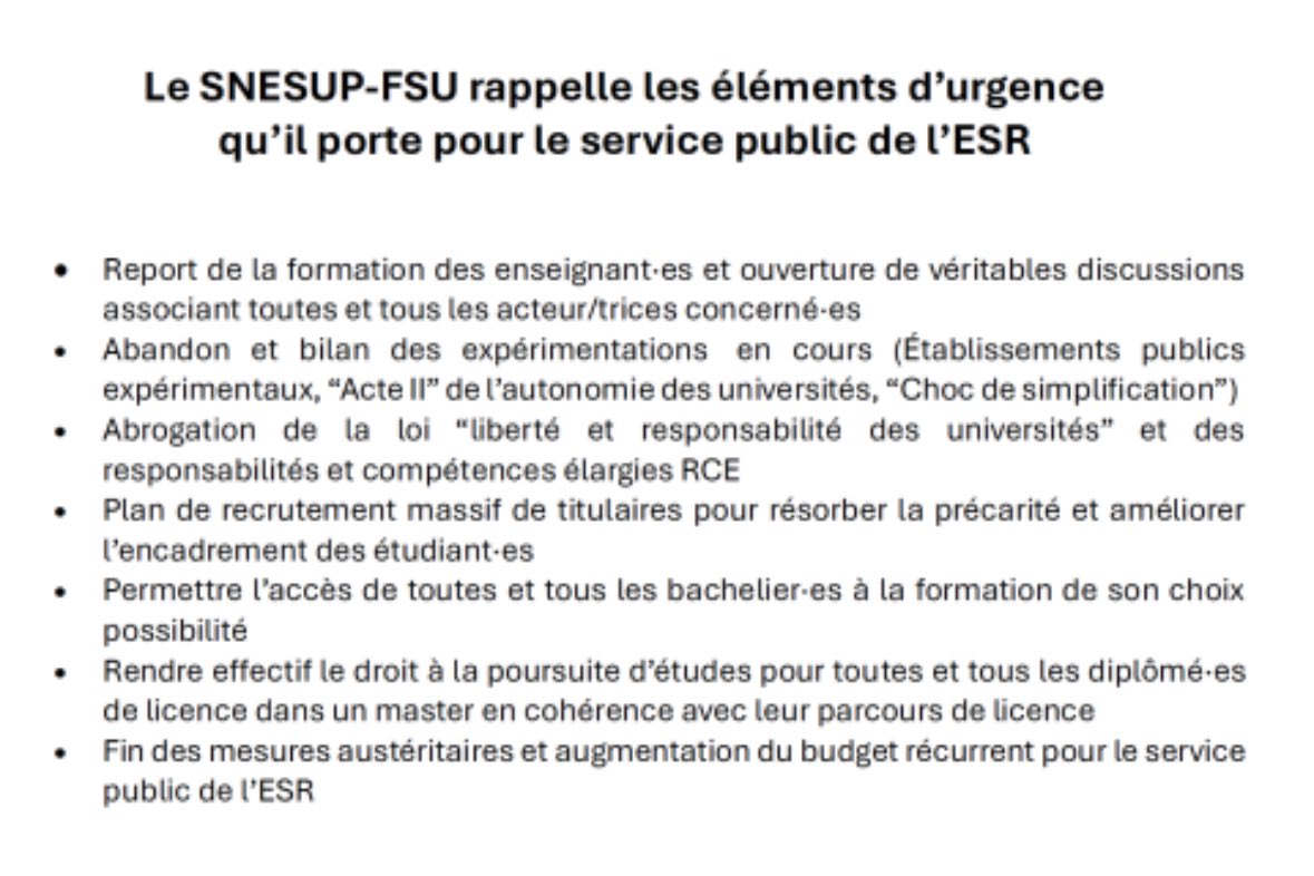 <a href="/SnesupFsu/">SNESUP-FSU</a> rappelle les éléments d'urgence qu'il porte pour le service public de l'ESR
 #8mesurespourlEsR
👇👇👇

▶️snesup.fr/programme-du-s…