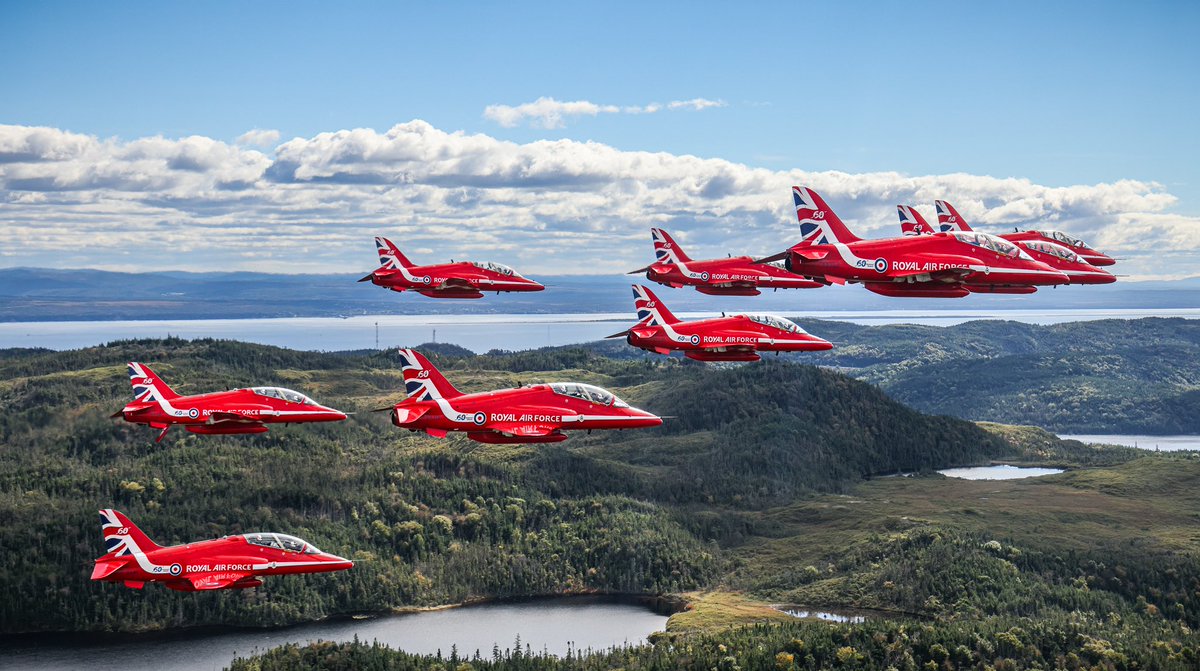 rafredarrows's tweet photo. Cross-country: The natural beauty and vastness of Canada is on full display as the Red Arrows transit homewards. The team has begun the long journey back to the UK having completed the final public performance, at St John’s, of the Maple Hawk tour.

#RedArrowsMapleHawk #RedArrows https://t.co/7ydjk2j2WJ