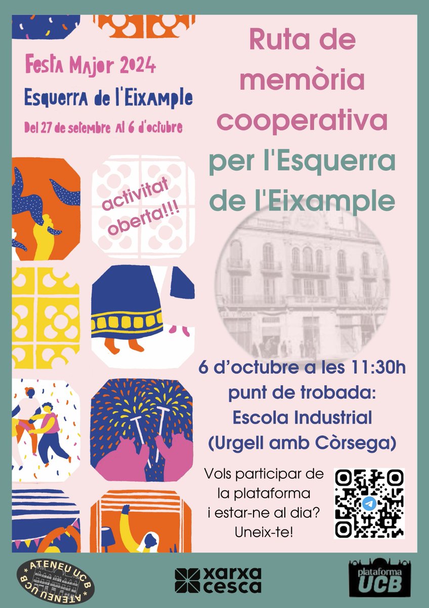 *Ruta de memòria cooperativa* per l'Esquerra de l'Eixample!

No us la perdeu!

🗓️ Dg 6 d'octubre 
⏱️ 11:30 h a 14:30 h
📍 Inici a l'Escola Industrial (Comte d'Urgell amb Còrsega)

Visca la UCB!
La UCB, per al barri!