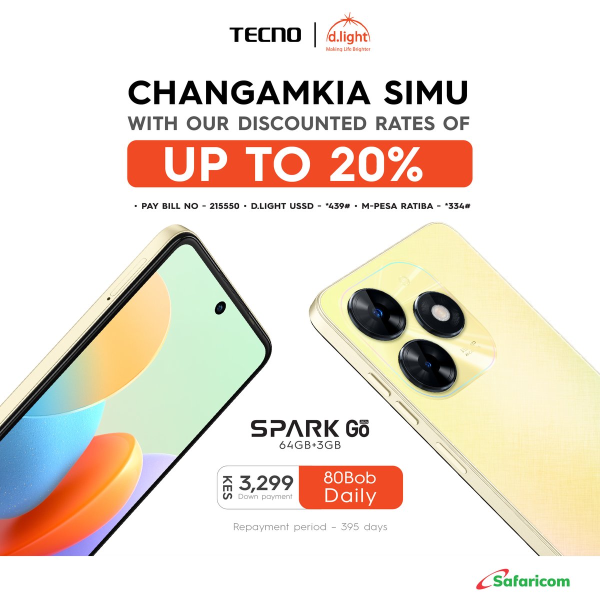 TECNOMobile254's tweet image. Get the TECNO Spark Go with up to 20% discounted rates! Pay just KES 3,299 down and KES 80 daily. With a 64GB+3GB configuration, enjoy flexible repayment options over 395 days. Grab yours today with D.Light and Safaricom
#tecnokenya #TECNO #SparkGo #DiscountedDeal